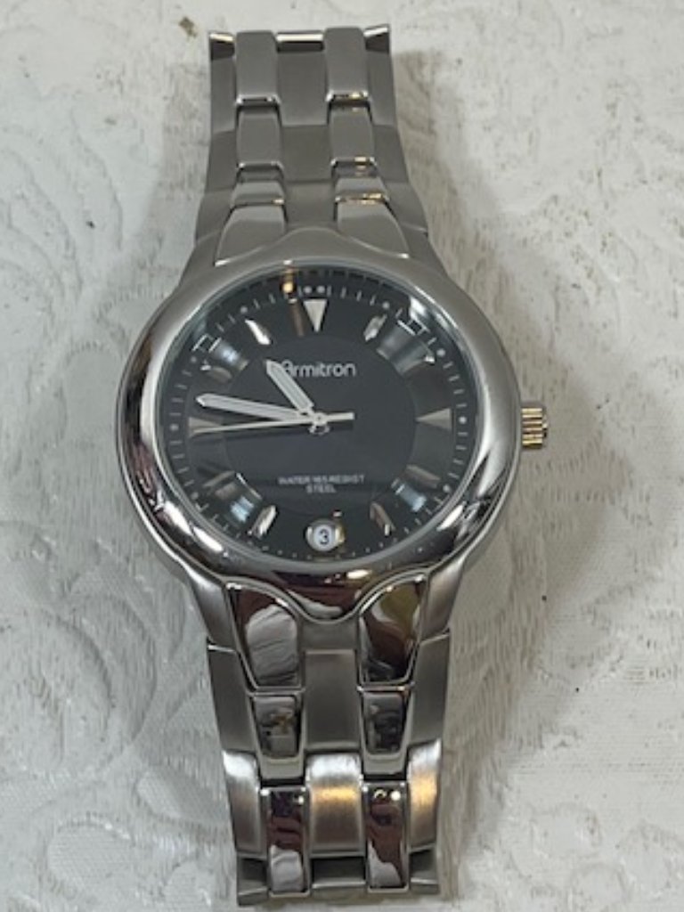 SilverTone Armitron Watch Black Dial Date Stainless Steel Band Classic Casual